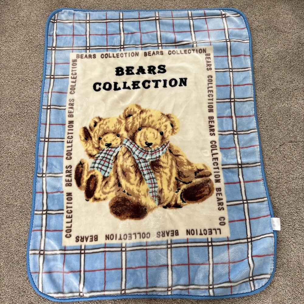 Bears Collection Nursery‎ Baby Blanket Teddy Plush Soft Thick 54x39" Beige Blue